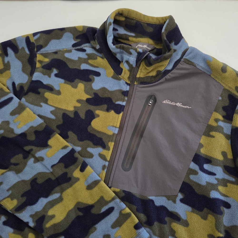 Eddie Bauer Fleece Pullover Blue Green Camo‎ Quarter-Zip Mens XL